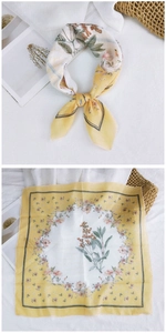 Detail of floral cotton linen square scarf with vintage print and yellow borders