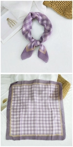 Detail of purple plaid cotton linen scarf with elegant champagne gold stitched edges