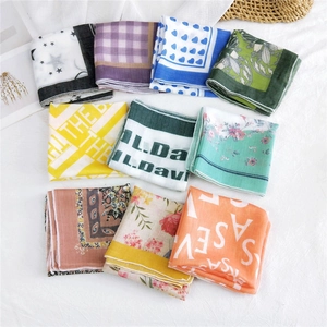 Women Cotton Linen Small Square Scarf Breathable Floral Geometric Star Moon Print Headband Neck Scarf Fashion Bandana Accessories