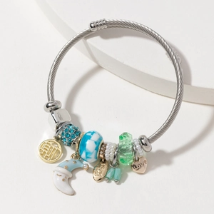 Women Stainless Steel Open Cuff Bracelet Moon Crystal Tassel Pendants Bangle Heart Love Charm Beaded Jewelry