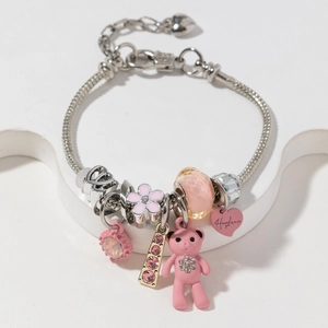 Bracciale Con Ciondolo a Orsetto Cuore Fiore Rosa Per Donna Ragazza Acciaio Inossidabile Lega Catena a Serpente Gioielli