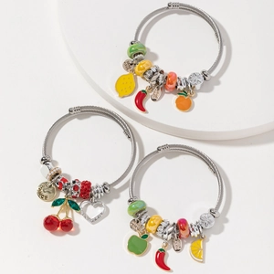 Stainless Steel Bangle Bracelet With Enamel Fruit Charms Cherry Apple Lemon Rhinestone Heart Beads For Women Jewelry