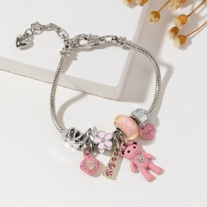 Bracciale regolabile a maglia serpente argento con ciondoli a forma di orso e cuore rosa
