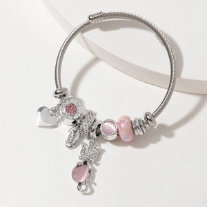 Edelstahl Charm Armband Mit Legierung Rhinestone Katze Herz Anhänger Perlen Verstellbare Kabeldraht Schmuck Für Damen