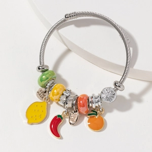 Braided steel wire bracelet with colorful enamel fruit charms and handmade tags