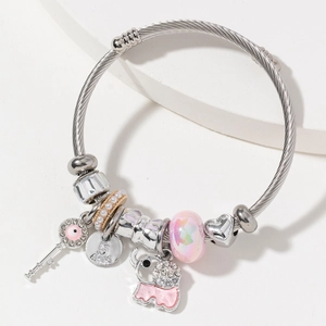 Stainless Steel Charm Bracelet With Elephant Heart Key Rhinestones Alloy Jewelry For Women Fashion DIY Style