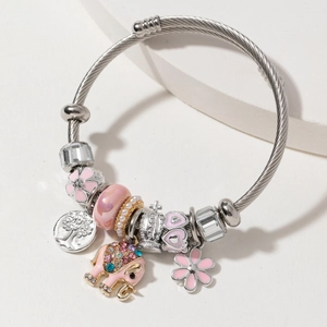Stainless Steel Woven Wire Bangle Enamel Elephant Tree Of Life Charms Alloy Rhinestone Bohemian Jewelry Women