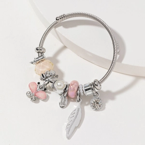 Women Stainless Steel Alloy Butterfly Charm Bracelet Rhinestone Faux Artificial Pearl Glass Beads Open Bangle Party Jewelry Gift