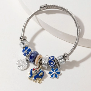 Silver tree of life and blue elephant charm bracelet with stainless steel twisted cable