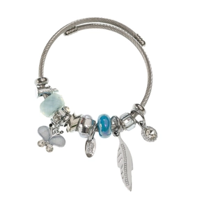 Charming beaded charm bracelet with butterfly, feather pendants and teal glass beads