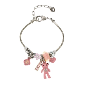 Bracciale con ciondoli rosa con orsetti e fiori e pendente a forma di cuore