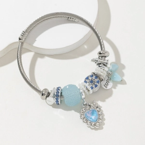 Bracelet Jonc À Perles En Acier Inoxydable Pendentif Coeur En Cristal Étiquette Love Élégant Bohème Corde Torsadée Pour Femme
