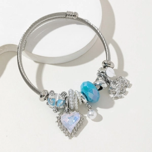 Stainless Steel Charm Bracelet With Heart Elephant Carriage Pendants Rhinestone Crystal Adjustable Cable Fashion Jewelry