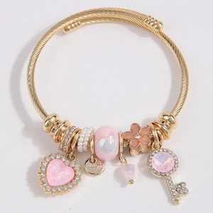 Alloy Heart Key Charm Open Bangle With Crystal And Imitation Artificial Pearl Fashion Jewelry For Women Sweet Accessory