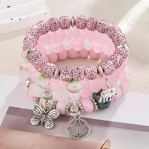 Bohemian multilayer pink beaded bracelet set with silver butterfly anchor and elephant charms