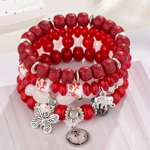 Bohemian multilayer beaded bracelet set with silver butterfly elephant and anchor charms