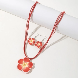 Parure de bijoux fleurs de frangipanier rouges et blanches avec collier et boucles