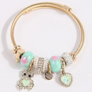 Charm Bracelet For Women Gold Stainless Steel Cable With Bear Heart Pendants Rhinestone Beaded Fashion Adjustable Jewelry