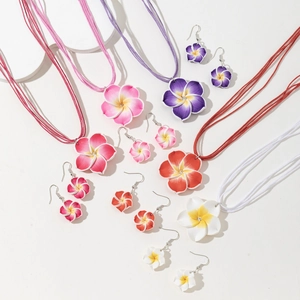 Parure Bijoux Fleur De Plumeria Collier Boucles D'oreilles Argile Polymère Strass Alliage Cordelette Été Plage Tropique Femmes