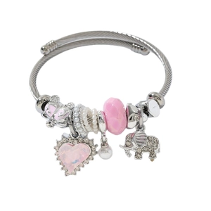 Polished stainless steel charm bracelet with pink heart, pearl and diamond elephant charms