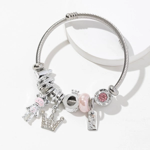 Bracelet Jonc Acier Inoxydable Câble Torsadé Ours Couronne LOVE Pendentifs Perles Verre Strass Pour Femmes Doux