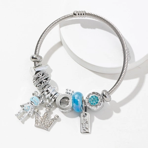 Bracelet à breloques style Pandora en acier inoxydable avec ours et couronne
