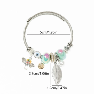 Detail view of adjustable elephant charm bracelet showing size specs and bead variety
