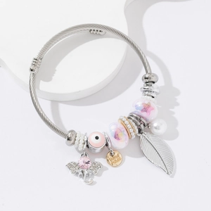 Stainless Steel Wire Bangle Elephant Feather Evil Eye Charms Rhinestone Faux Artificial Pearl Bohemian Ethnic Style For Women