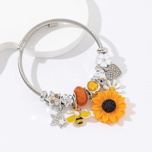 Bracciale Con Ciondoli Girasole Ape Filo Acciaio Inossidabile Braccialetto Aperto Lega Pendente Cuore Stella Gioielli Donne