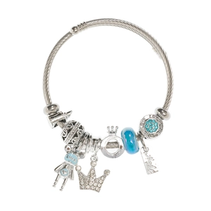 Bracelet en acier inoxydable style Pandora avec perles bleues et pendentifs couronne