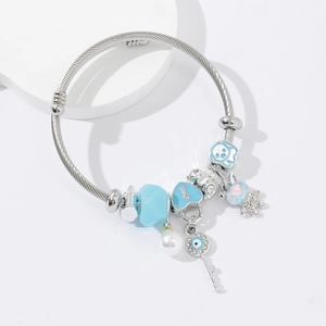 Bracelet Jonc En Fil D'acier Inoxydable Avec Breloques En Alliage Cœur Clef Mauvais Œil Animal Künstliche Perle D'imitation Strass Pour Femmes