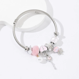 Bracelet câble en acier inoxydable argenté avec breloques cœur rose et perles pour femme