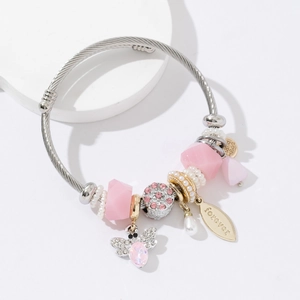 Stainless Steel Beaded Bangle Bracelet Alloy Bee Pendant Rhinestone Imitation Artificial Pearl Charms Fashion Jewelry For Women