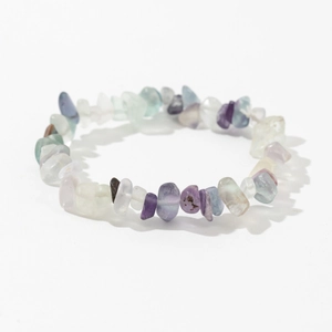 Macro detail of natural irregular fluorite stone beads on elastic stretch bracelet