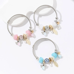 Handmade stainless steel beaded charm bracelets with bee pendants in pink blue and white