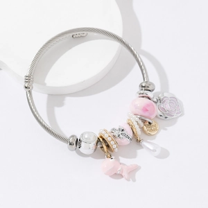 Stainless Steel Charm Bracelet Alloy Animal Whale Dinosaur Pendants Enamel Glass Beads Rose Flower Sweet Jewelry For Women