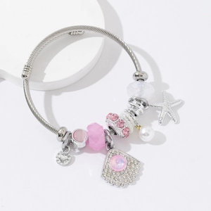 Stainless Steel Wire Charm Bracelet With Alloy Starfish Shell Charms Crystal Beads Imitation Artificial Pearl Marine Theme For Women