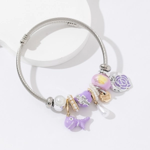 Stainless steel charm bracelet with purple enamel crocodile and handmade pendant