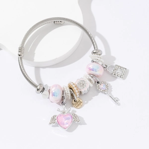 Bracciale Con Ciondoli Filo Acciaio Inossidabile Pendenti Lega Cuore Chiave Künstliche Perle Vetro Künstliche Perle Sintetiche Gioielli Moda Donna