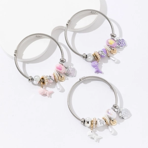 DIY charm bangles with stainless steel wire, beads and animal pendants in pastel colors
