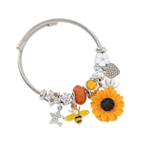 Bracciale rigido in acciaio inox con ciondoli a forma di girasole, ape e stella argento