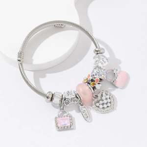 Stainless Steel Wire Charm Bangle With Heart Bag Pendants Rhinestone Faux Artificial Pearl Romantic Elegant Jewelry For Women