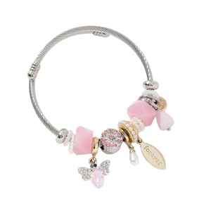 Silver stainless steel charm bracelet with pink crystal beads and bee pendant