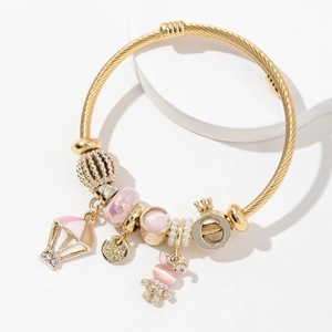 Bracelet À Breloques DIY Alliage Acier Künstliche Perles De Verre Simili Künstliche Perle Montgolfière Couronne Pendentif Lapin Bijoux Pour Femmes