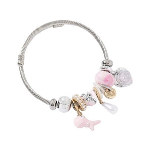 Silver beaded charm bracelet with pink glass beads and dragonfly whale pendants