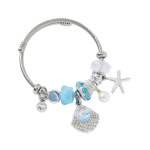Ocean themed stainless steel charm bracelet with blue starfish and white shell pendants