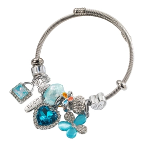 Bracelet jonc en acier avec cristal de cœur bleu et breloques gravées amour