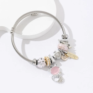 Stainless Steel Cable Wire Bangle Bracelet Cartoon Cat Charm Heart Pendant Rhinestone DIY Bead Jewelry For Women