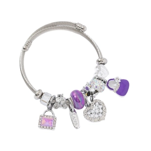 Pandora style bracelet with heart pearls and purple charms on stainless steel chain