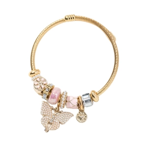 Bracelet jonc doré avec pendentif papillon en perles et perles en émail rose élégantes